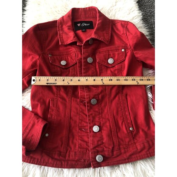 Guess Denim Jacket Womens Small Red Button Up Jean Trucker Biker H1 - Picture 3 of 8